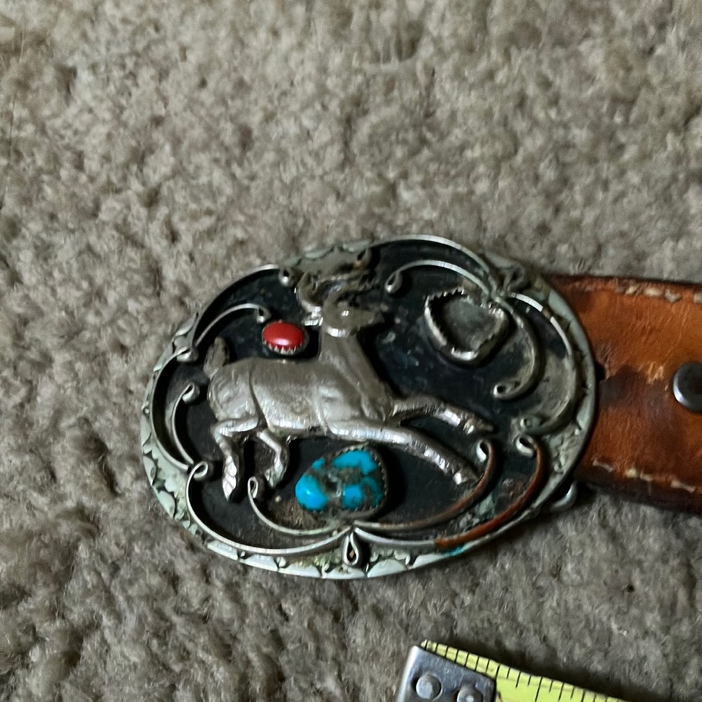 Vintage belt with buckle deer with stones leather belt about 45 inches